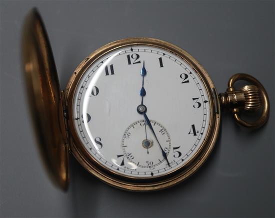 A 9ct. gold keyless hunter pocket watch, with Arabic dial and subsidiary seconds.